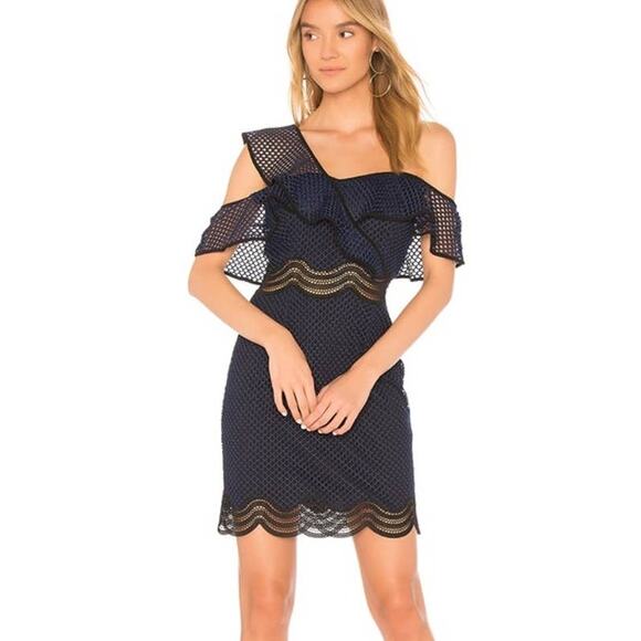 Saylor Luca Mini Dress – Drop One Shoulder Navy Blue Mesh – Size Medium - Picture 1 of 10